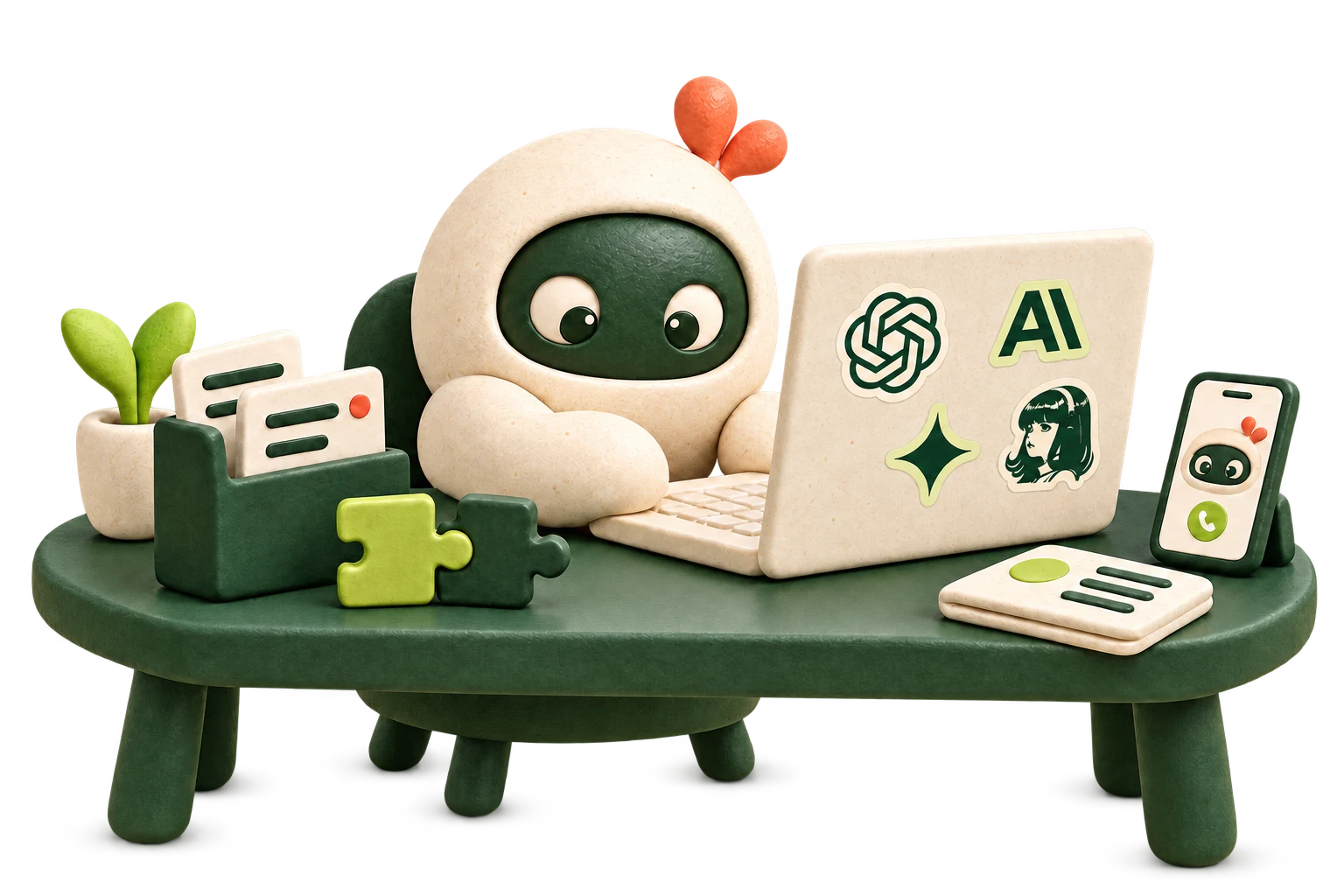 Pygmalion working on a computer with existing files, tools and a signed-in browser.